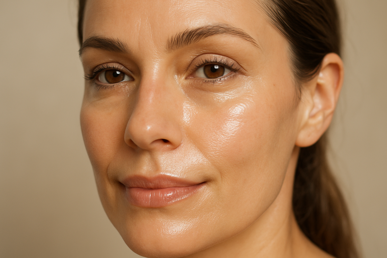 Close-up of a 40-year-old woman’s face, focusing on the under-eye area. Her skin looks smooth, hydrated, and refreshed, showing a healthy glow. Soft natural lighting, realistic texture, subtle makeup, conveying vitality and care. Highlight the effects of a nourishing eye serum. Background neutral and soft, professional skincare photography style, high resolution.